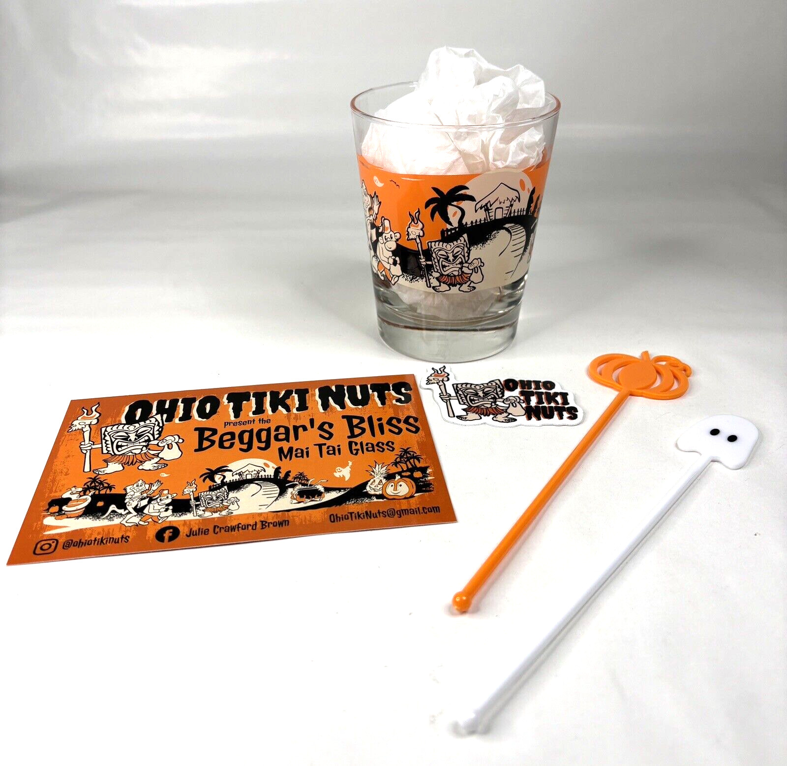 Halloween Mai Tai Glass Art by Dr Bill Tiki Bob Ghost Fez Monkey Pumpkin Ohio