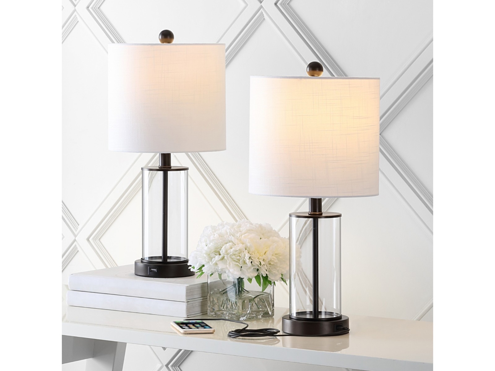 Jonathan Y Abner Glass Modern Contemporary USB Charging LED Table Lamp 2PCS CHRO