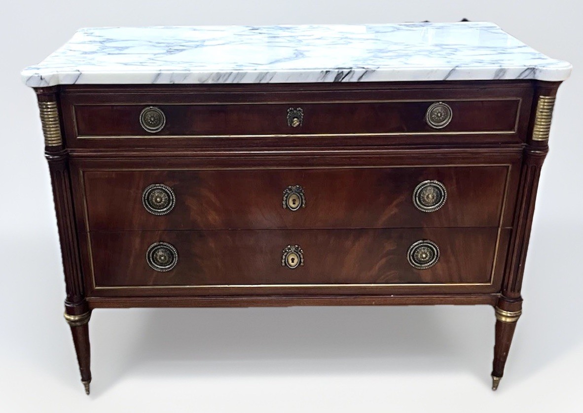 ANTIQUE FRENCH LOUIS XVI MARBLE-TOP MAHOGANY CHEST OF DRAWERS COMMODE