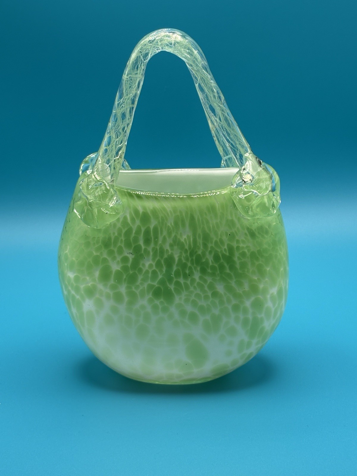 Vintage Hand Blown Art Glass Basket Green Controlled Bubble Murano Style Vase