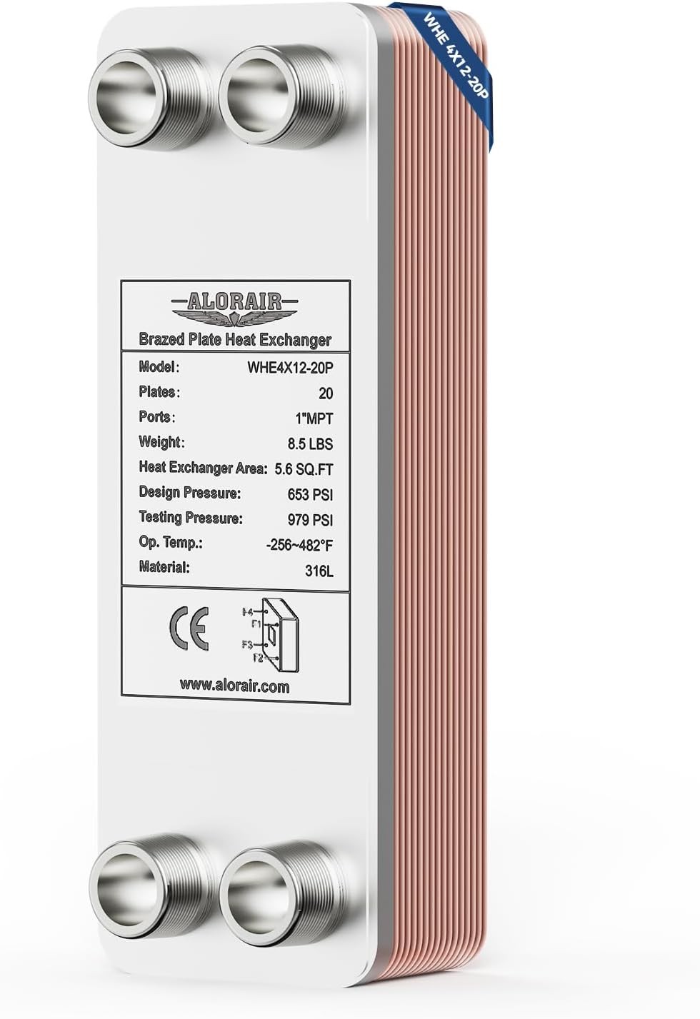 ALORAIR 20 Plate 4"x12" Brazed Plate Heat Exchanger, 1" MPT Ports, 316L St.Steel