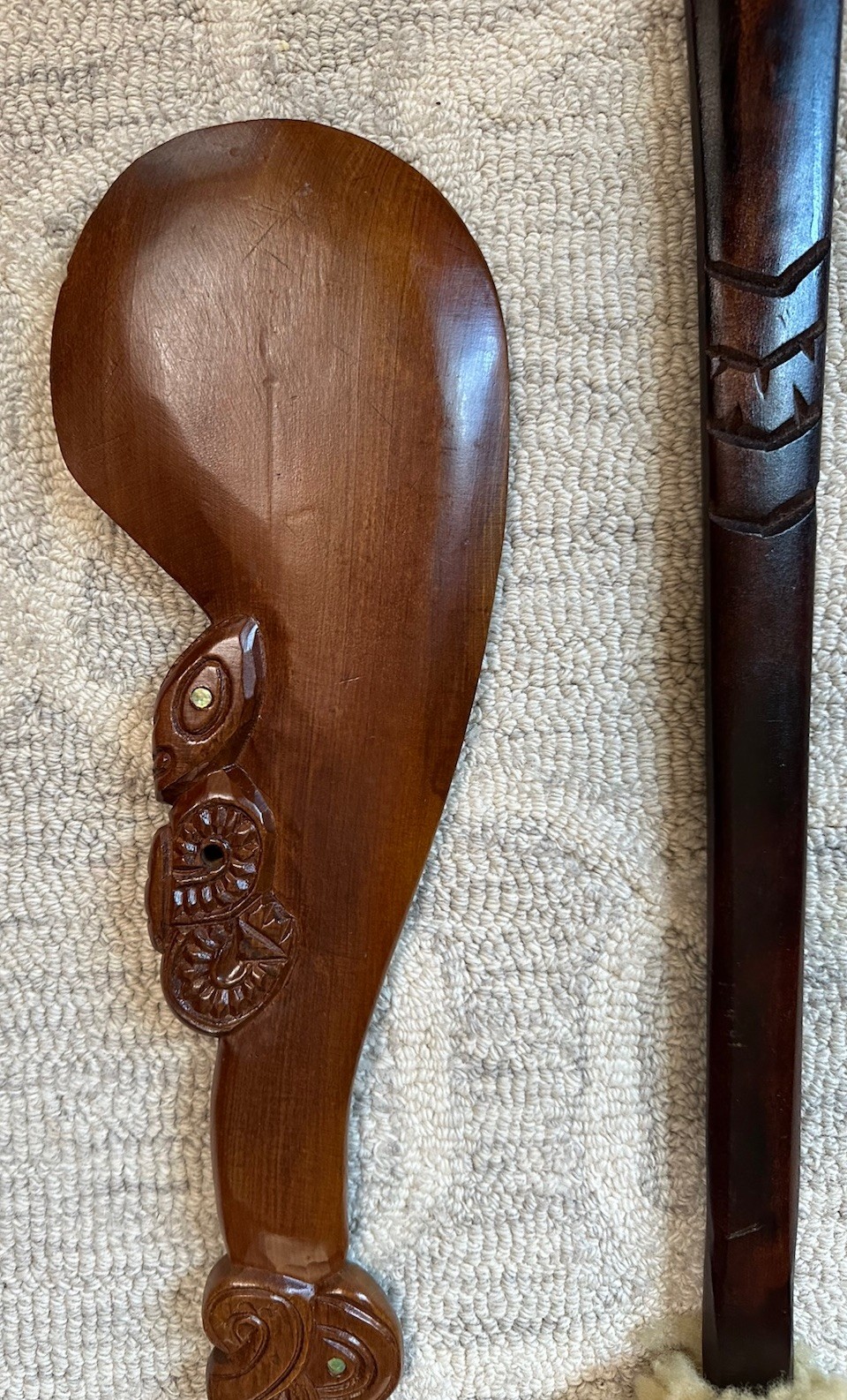 Wahaika Maori Patu New Zealand 15.5” & 27.75” Hand Carved Abalone Inlaid Weapons