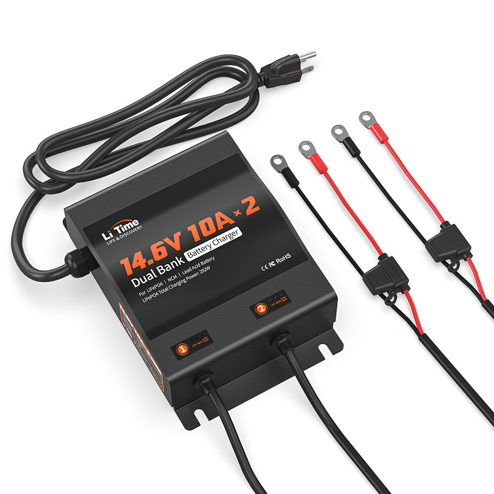LiTime 14.6V 10A Dual Bank Battery Charger for 12V Lithium LiFePO4 Lead Acid AGM