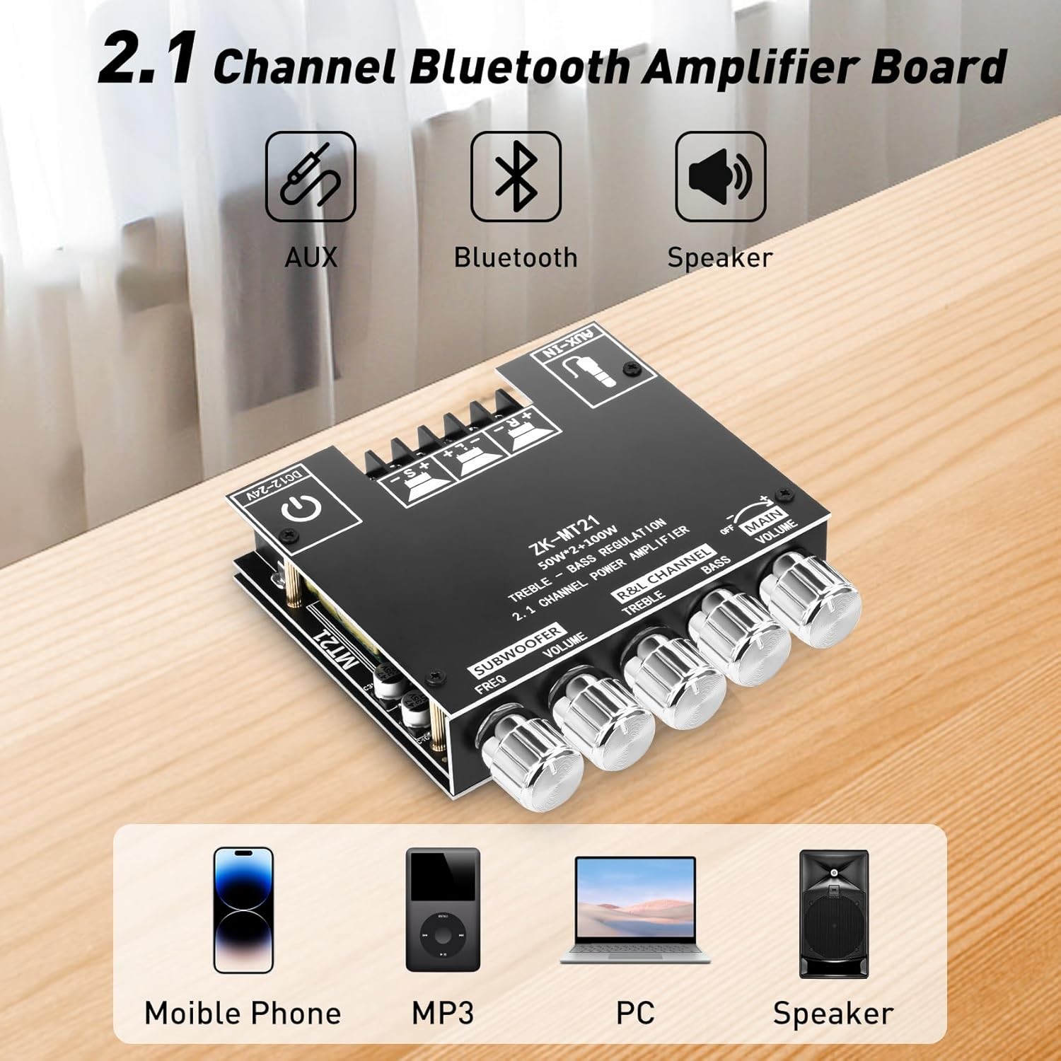 ZK-MT21 Bluetooth Amplifier Board,50W+50W+100W 2.1 Channel Subwoofer Amp Board