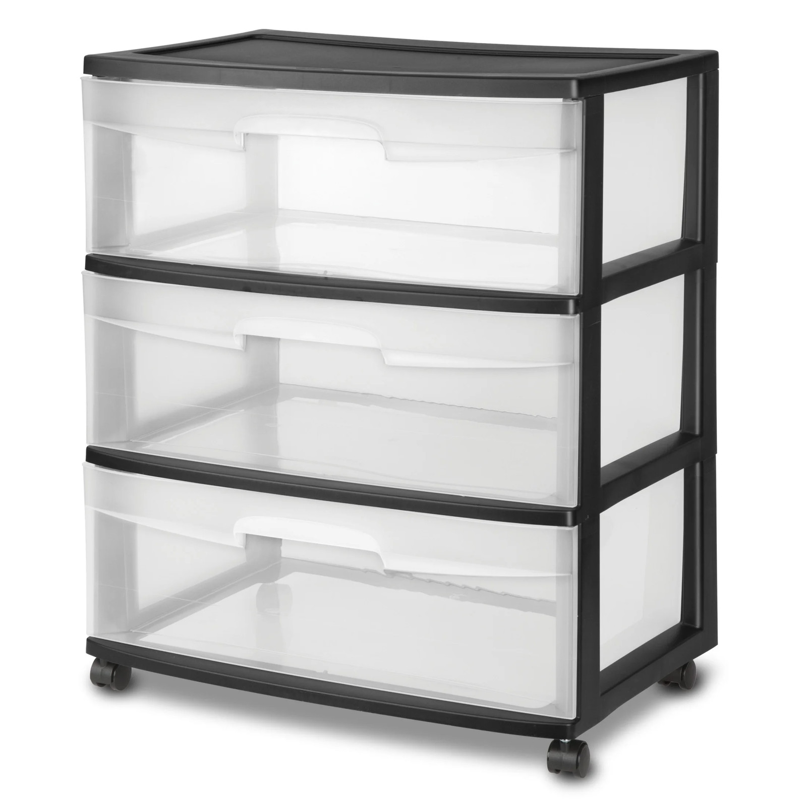 3 Drawer Wide Cart, Clear Plastic Storage Drawers, Wheels Included, Black