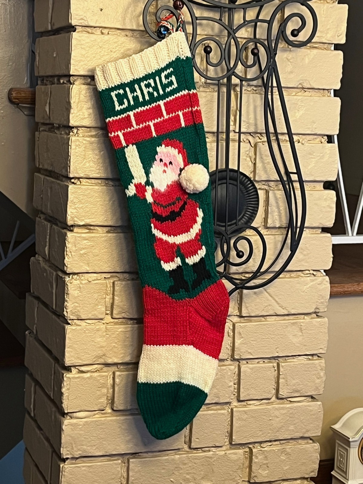 Hand KNIT - Christmas STOCKING Santa, Chimney with bells and pom pom