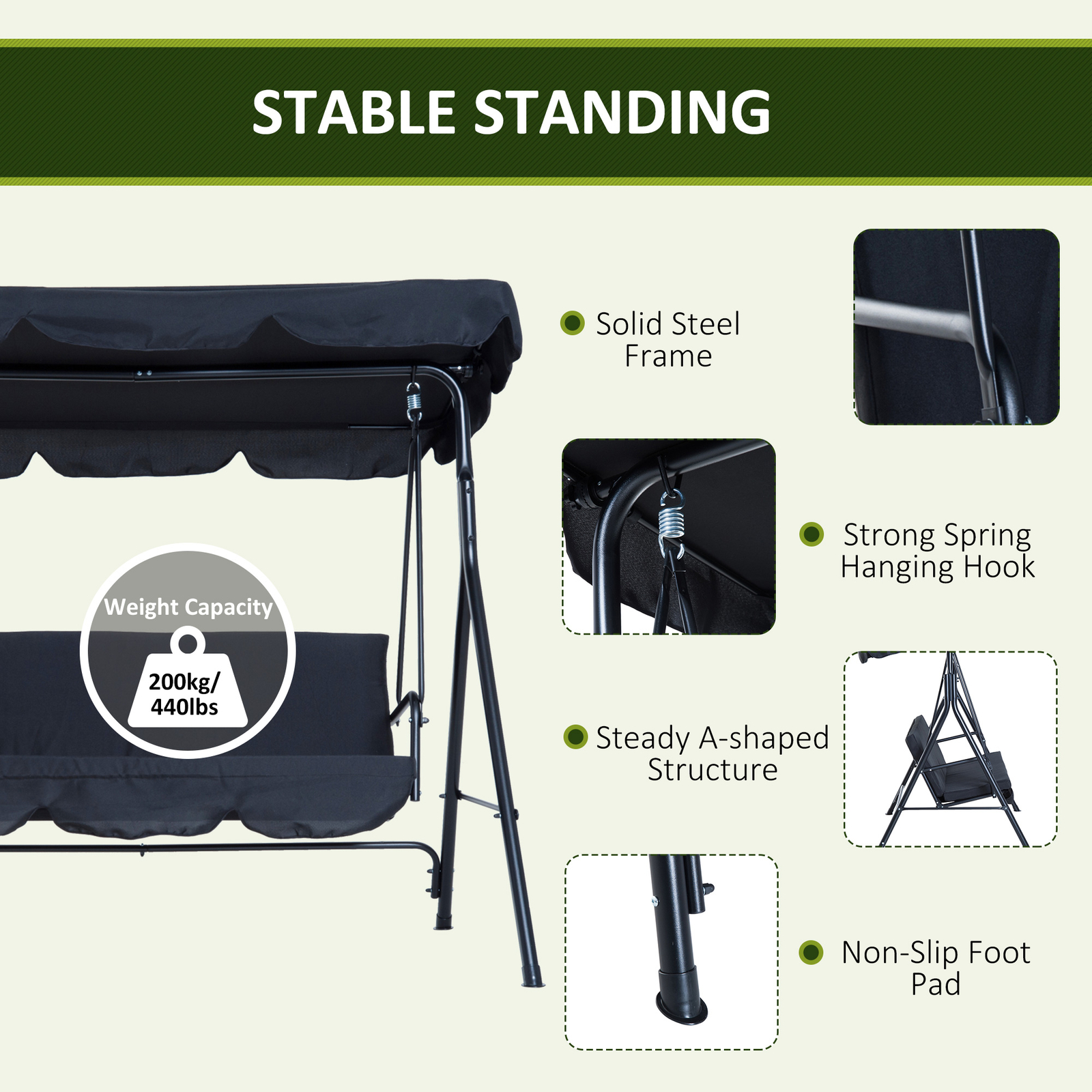 Porch Swing Hammock Bench Lounge Chair Steel 3-seat Padded Outdoor w/ Canopy