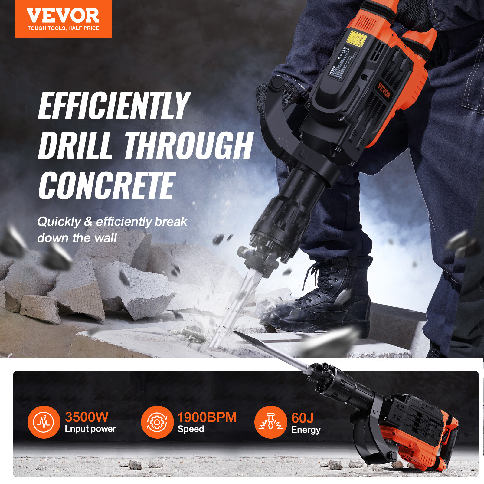 VEVOR Demolition Jack Hammer Concrete Breaker 3500W Electric 2 Chisel Bits Black