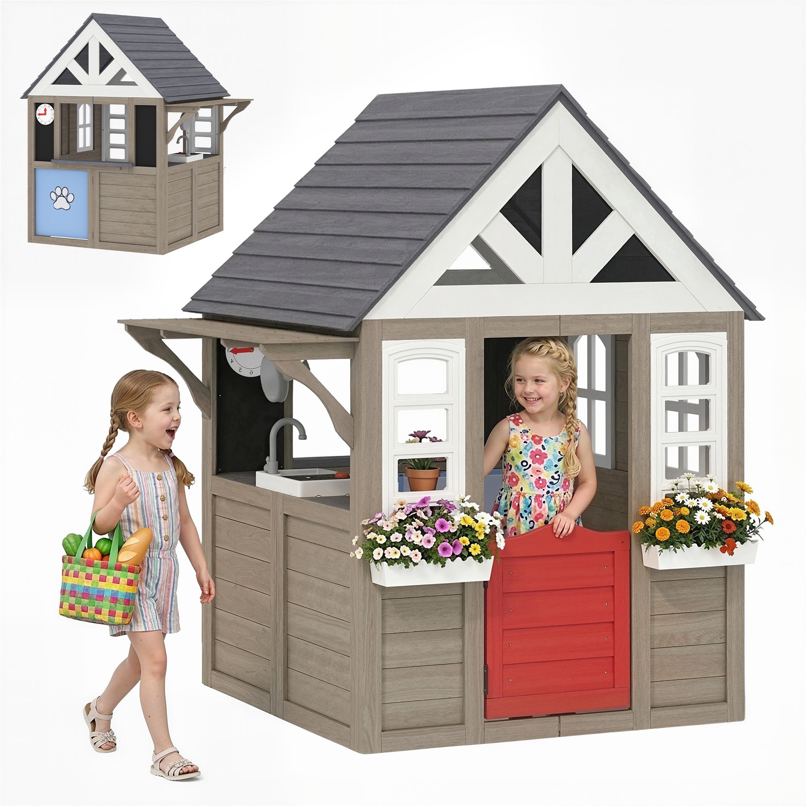 Qaba Outdoor Playhouse with Dog Door, Flower Box, Cookware for Backyard
