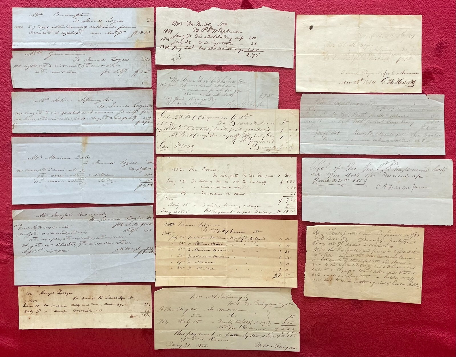 1832-1861 DOCTORS BILLS FOR DIFFERENT AILMENTS, TOOTH EXTRACTIONS & VACCINATIONS