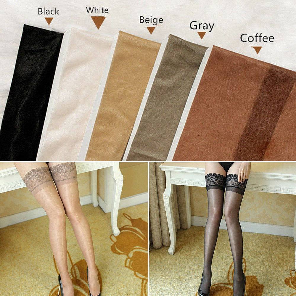 2 Pairs Glossy Ultra-thin Shiny Sheer Lace Top Thigh High Stockings Hold Ups