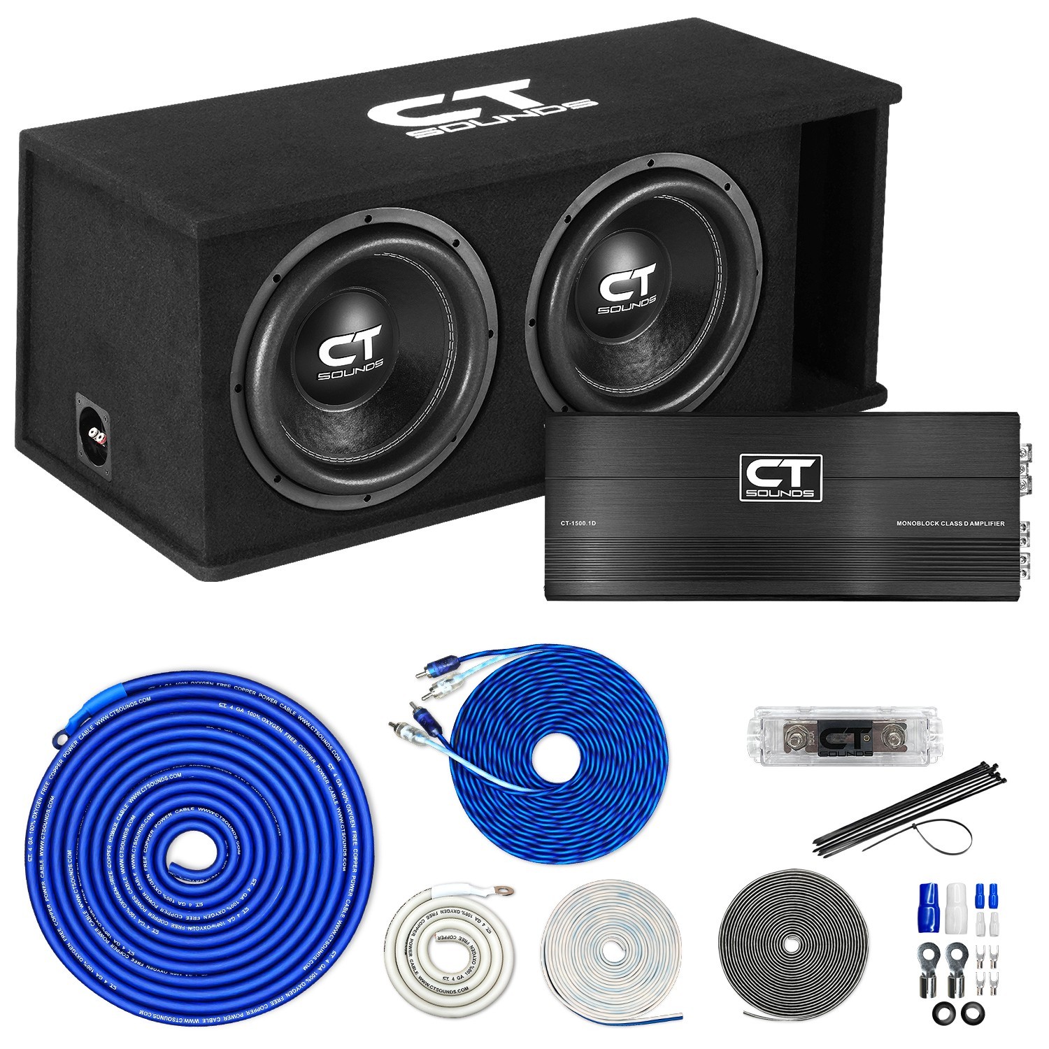 CT Sounds Dual 12” 2600W Complete Bass Package with Loaded Sub Box and Amp