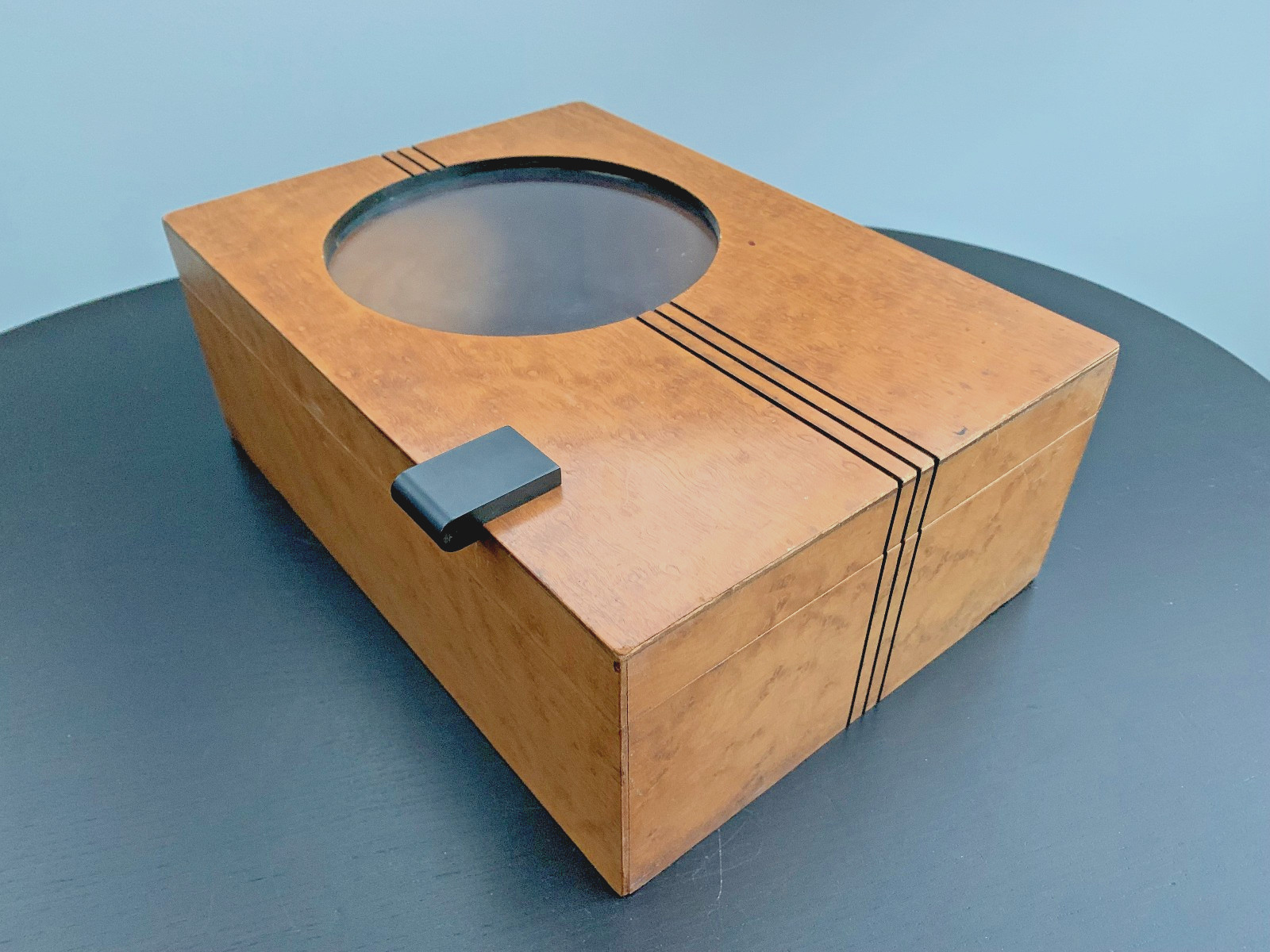 1930s Art Deco Barber Shop Cabinet Circle Glass Birdseye Maple Burton Chicago