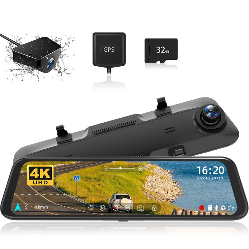 WOLFBOX 4K Mirror Dash Cam12'' Dual Dash Cameras Parking Monitoring 32GB SD