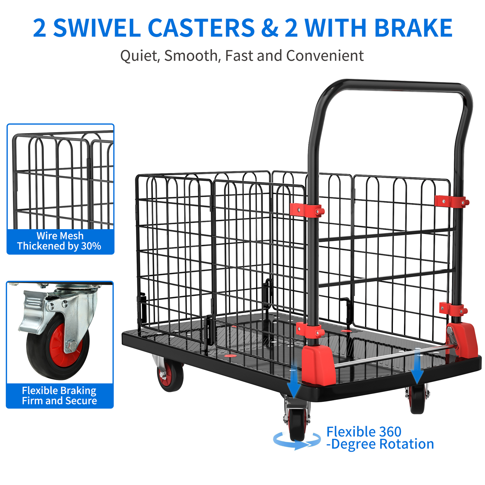 880LBS Platform Truck Cart Folding Dolly Cart Trolley Fence with Removable Cage