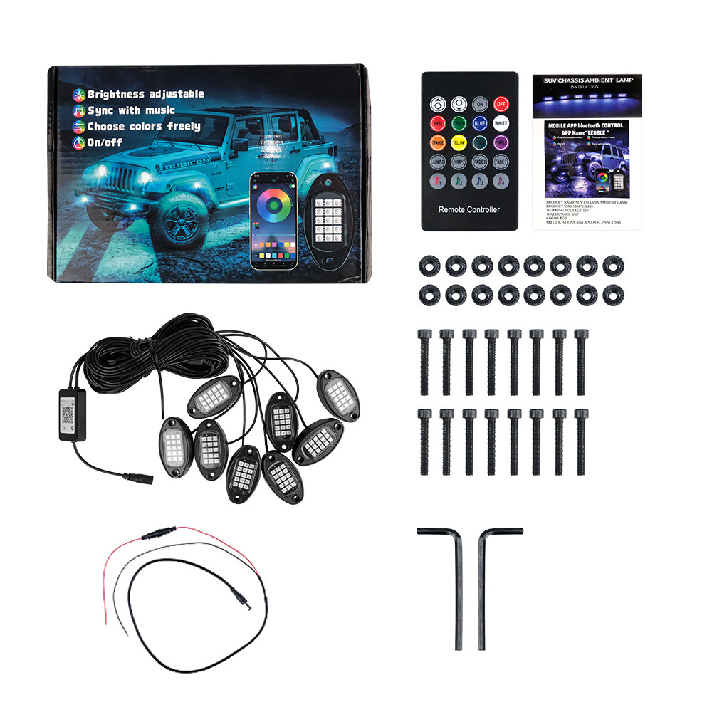 RGB LED Rock Lights 8Pods Offroad Music Wireless Bluetooth Underglow Neon Lights