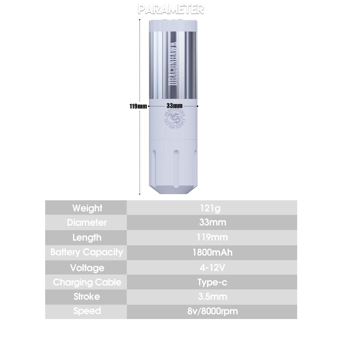 Dragonhawk Tattoo Kit Rotary Cordless S1 Plus Pen Gun Machine 10Pcs Cartridges