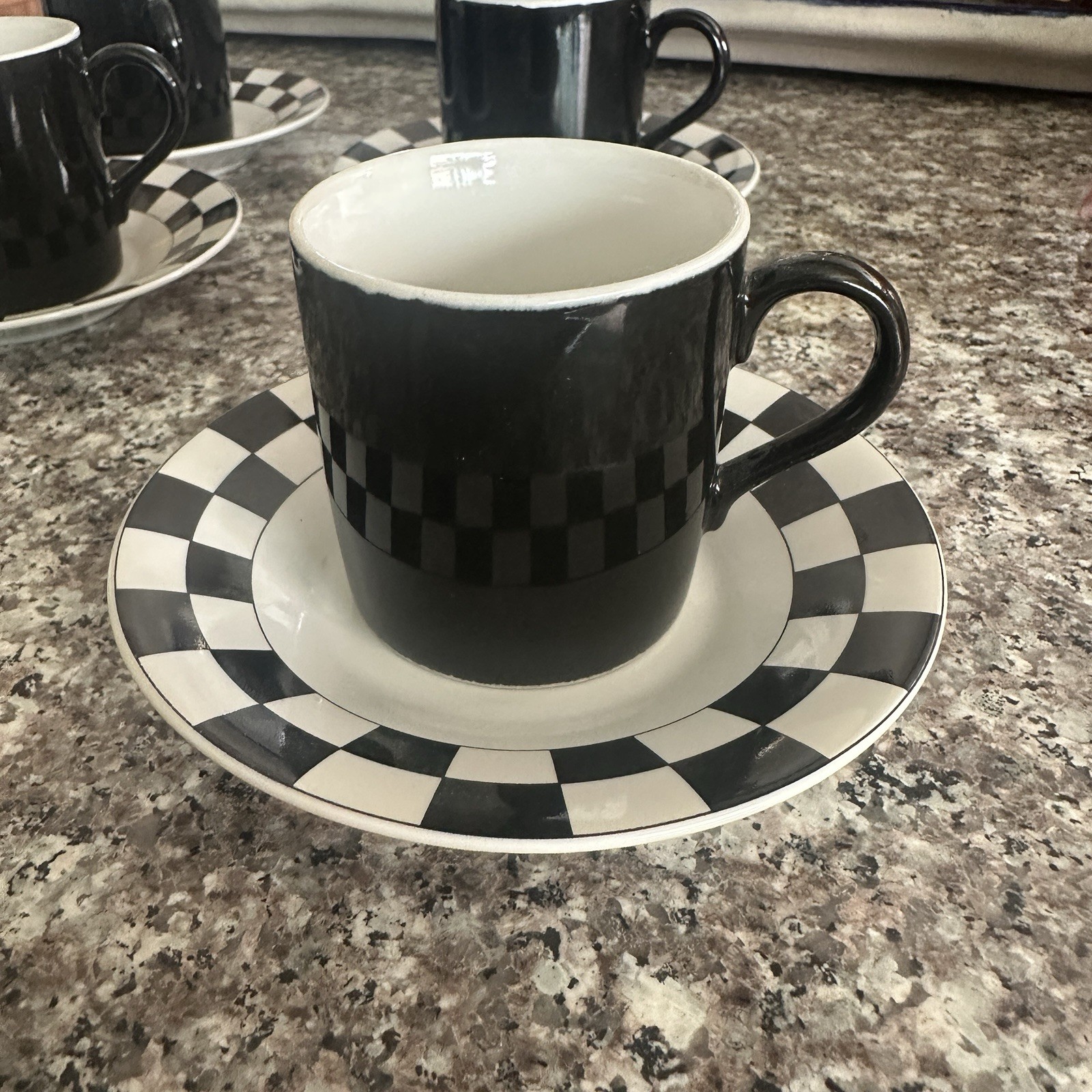 Vintage Retro Cappuccino Cup Saucer 4 Sets Black White Checkered Coffee