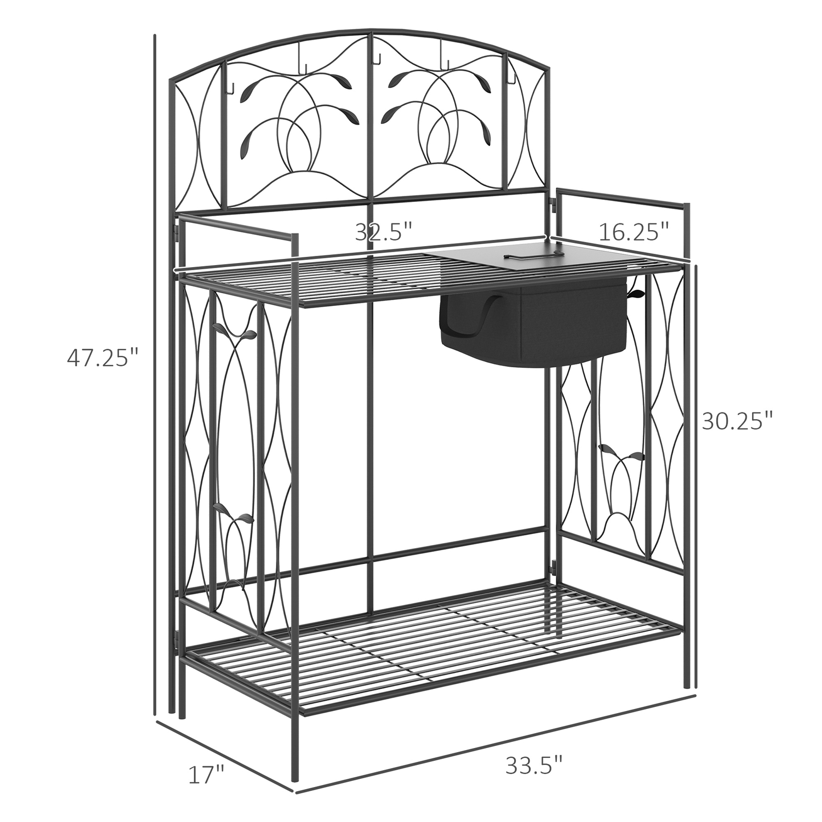 Garden Metal Potting Table Planting Bench Outdoor w/ Bag, Hook