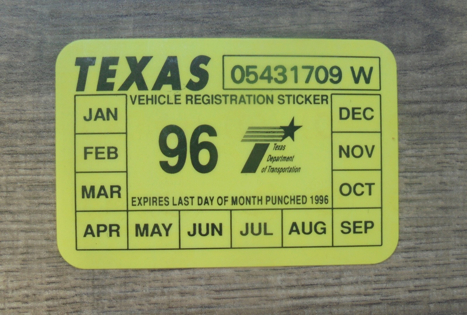 1996 TEXAS WINDSHIELD REGISTRATION RENEWAL STICKER-NEW/UNUSED