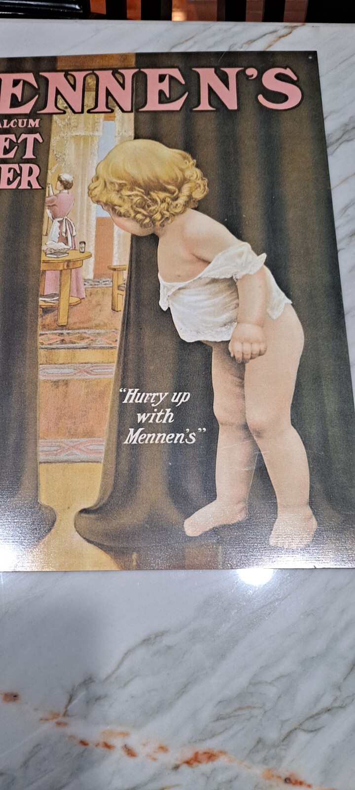 VINTAGE Mennen's Borated Talcum Toilet Powder Tin Baby ADVERTISING Tin SIGN