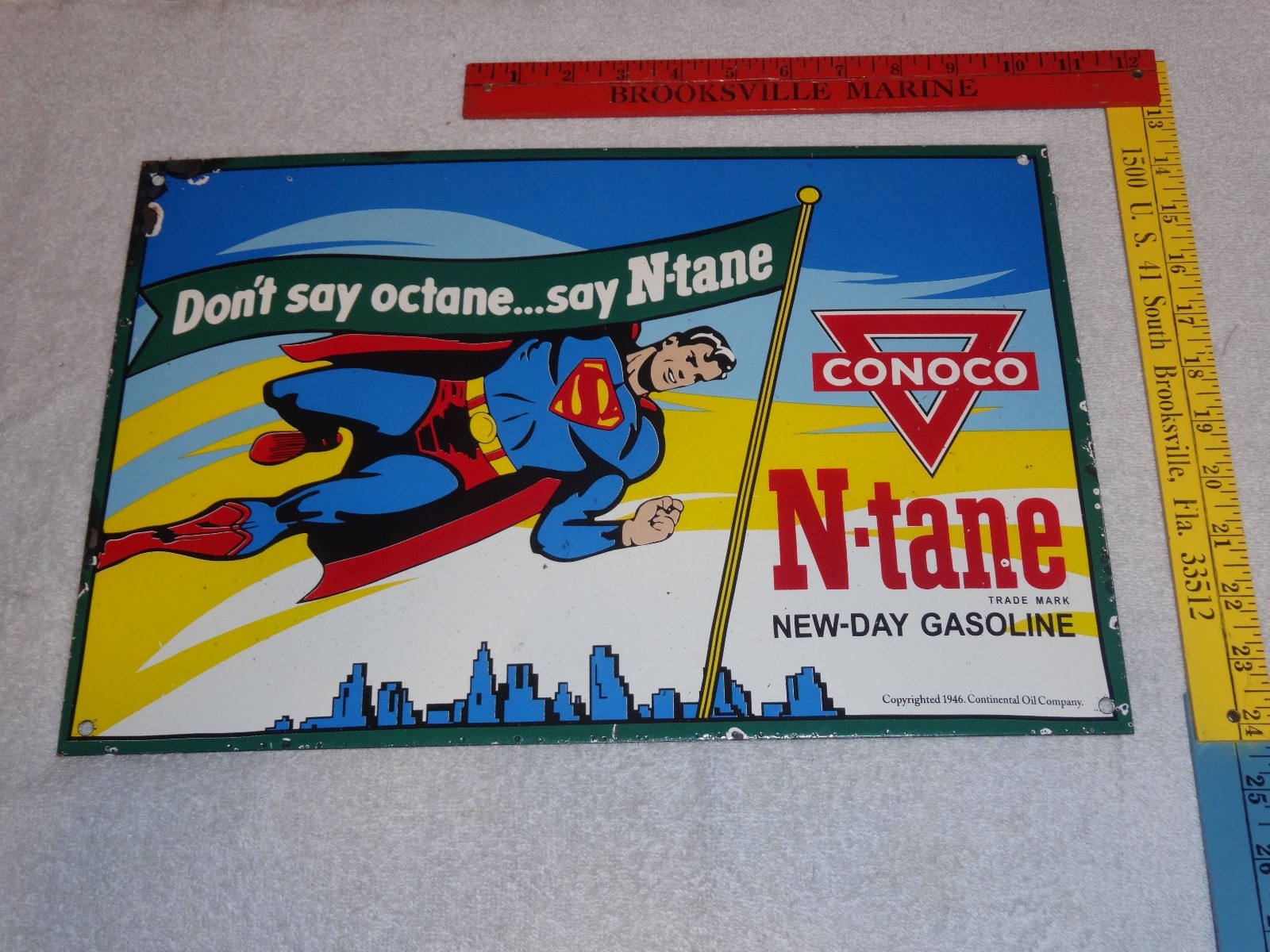 VINTAGE 1946 CONOCO N-TANE SUPERMAN GASOLINE 16" PORCELAIN METAL COMIC BOOK SIGN