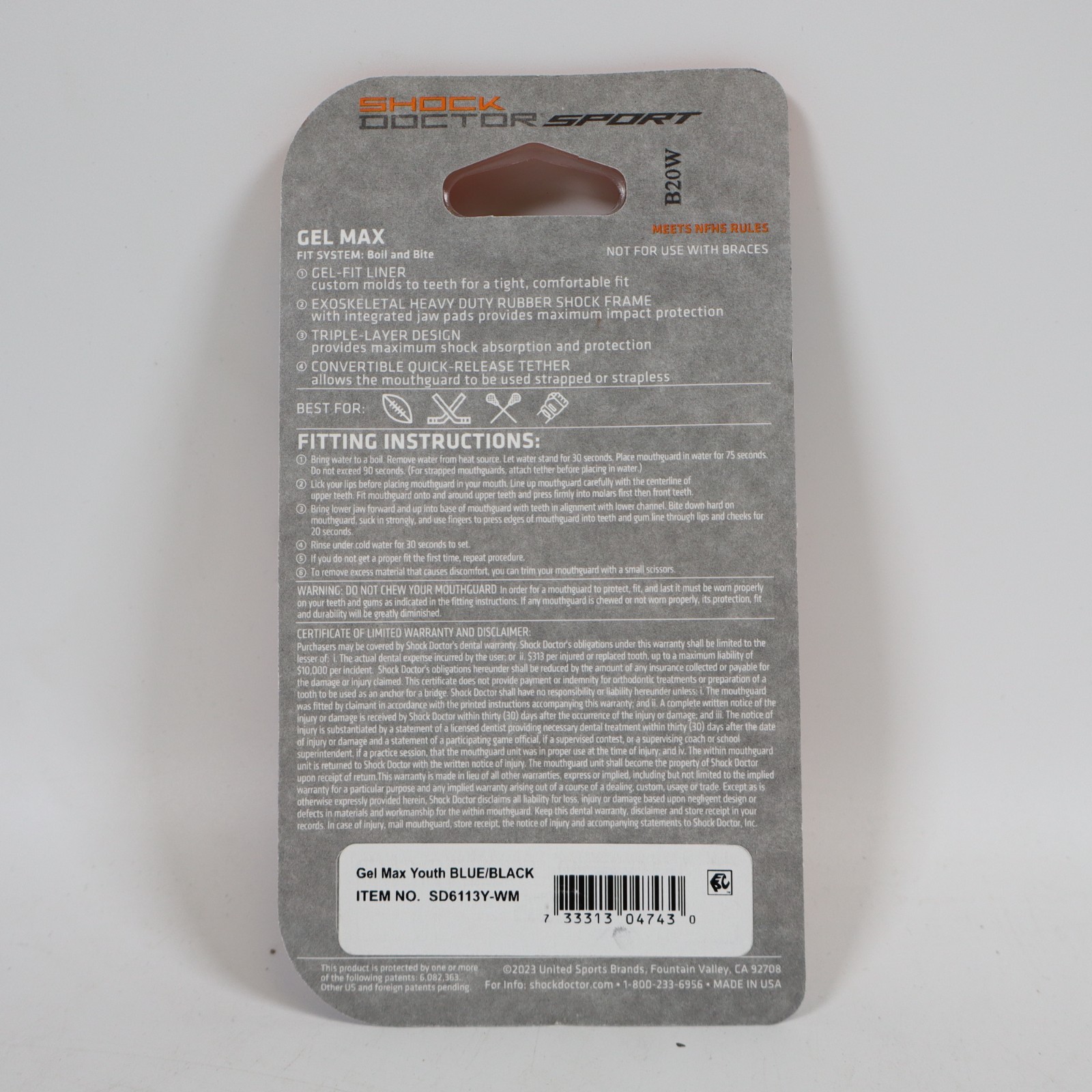 2 PACK Shock Doctor Sport Gel Max Classic Fit Youth Mouthguard Black/Blue Age 10