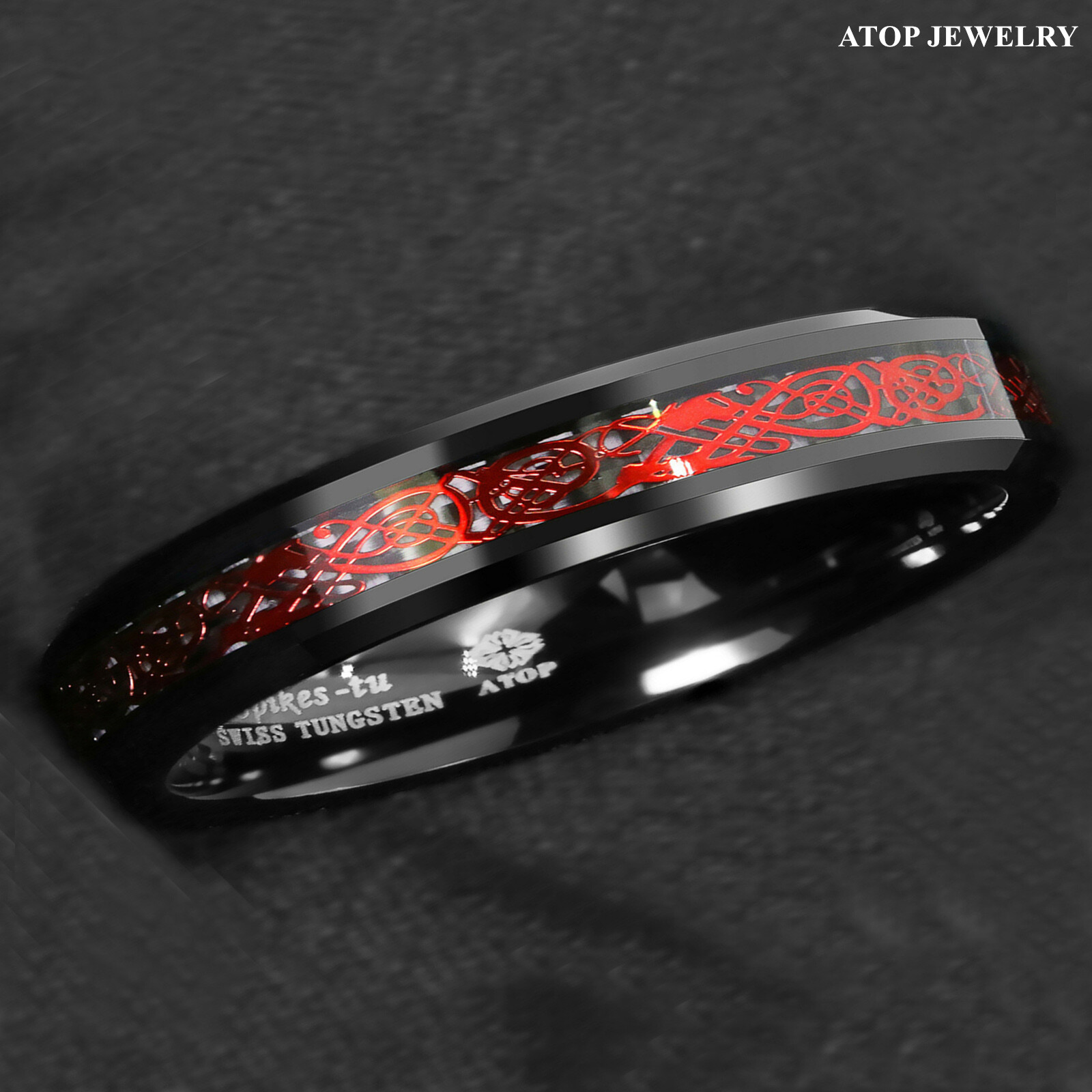 8/6mm Black Tungsten Ring Red Celtic Dragon Black carbon fiber Ring ATOP Jewelry