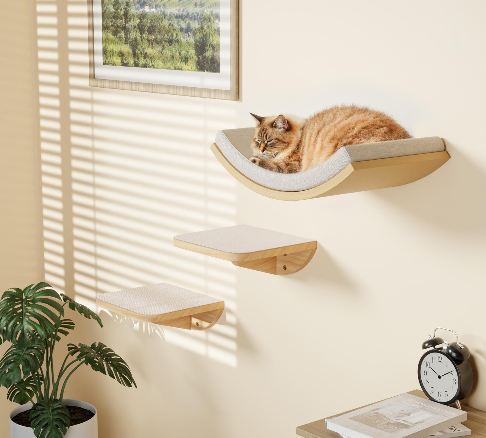 Cat Wall Shelf with Curved Hammock Bed, Wall Mounted Cat Perch with Beige Sof...