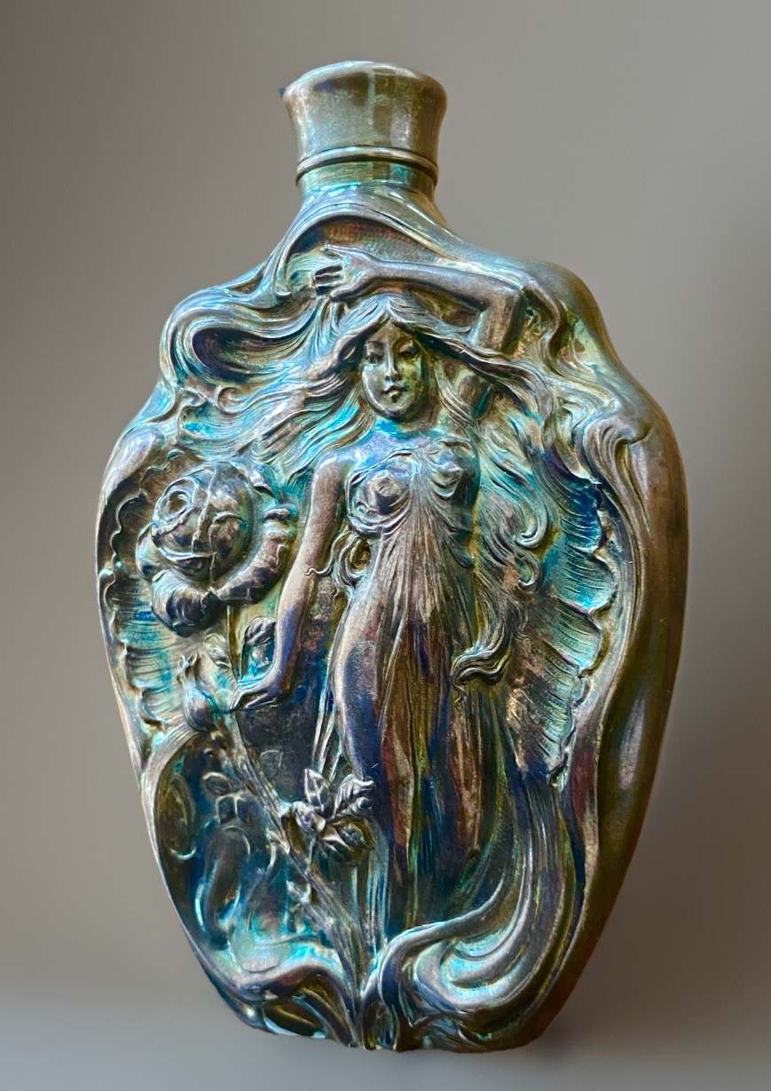 Art Nouveau Spirit Flask Victor Silver Co Nymph Relief Iridescent Barware Superb
