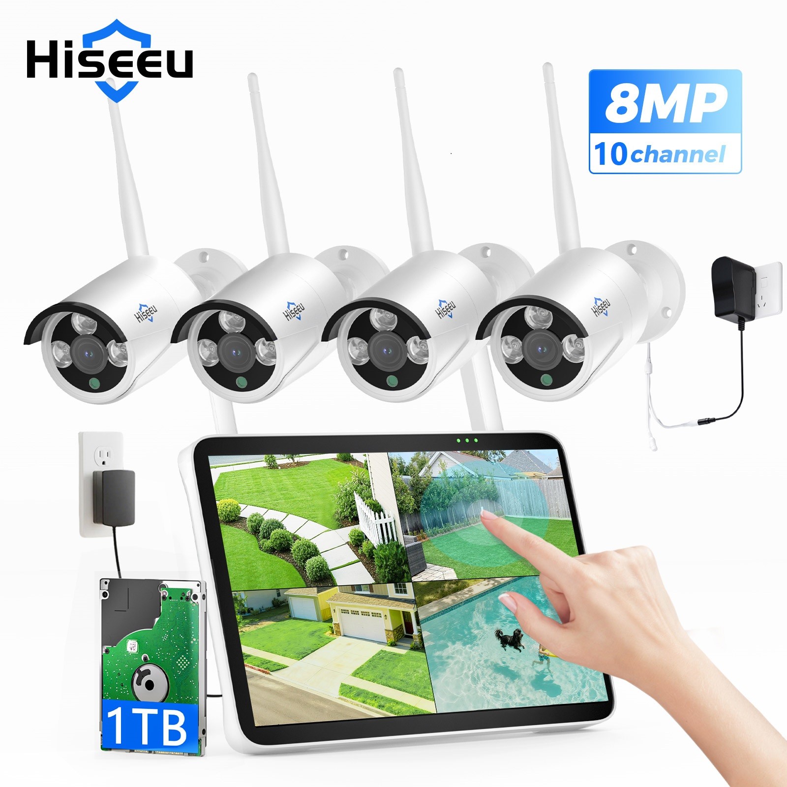 Hiseeu 8MP 10CH 10''Touch Screen NVR WiFi Outdoor Security Camera System HDD Lot