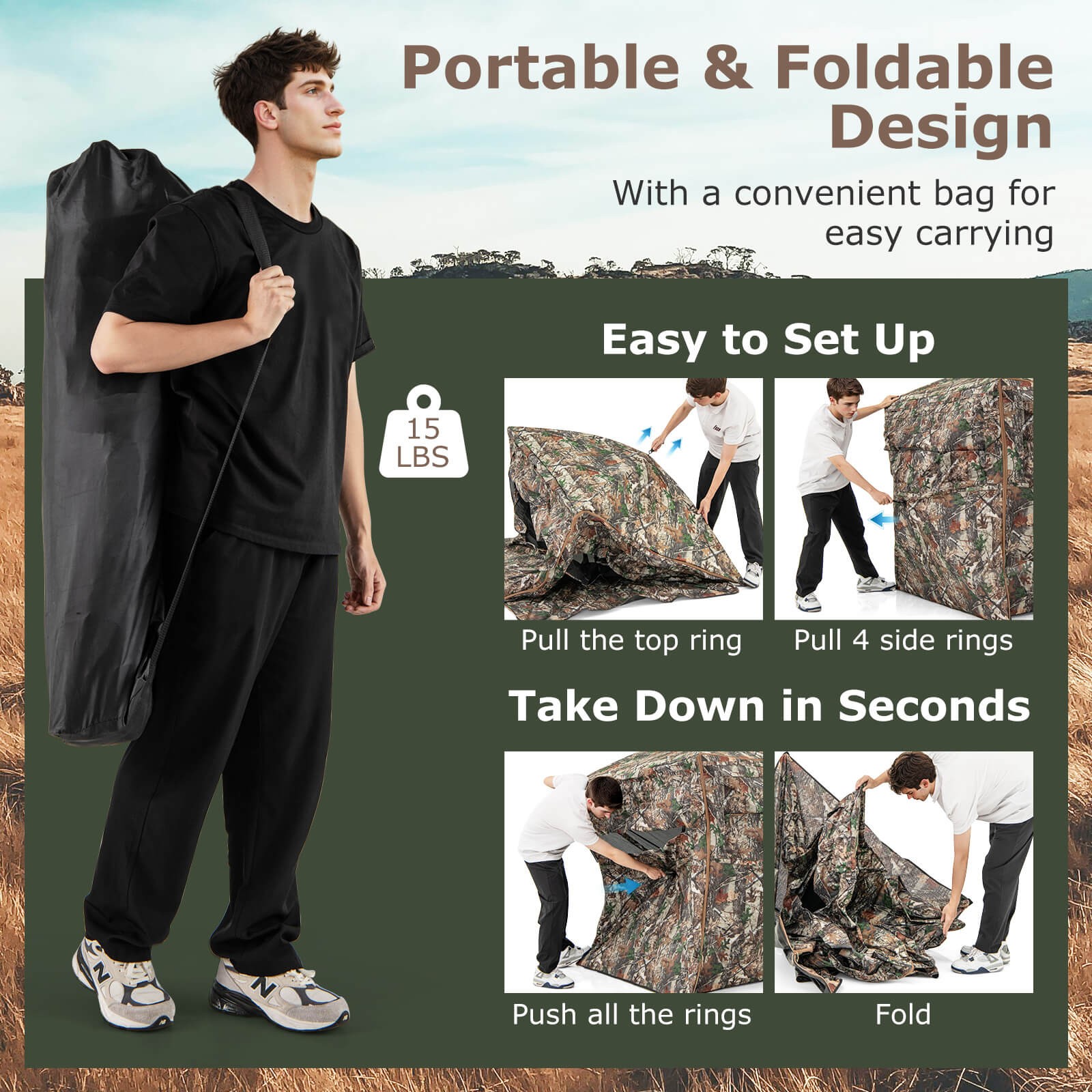 360° One-Way See-Through Hunting Blind with Full-Open Door Portable Carry Bag