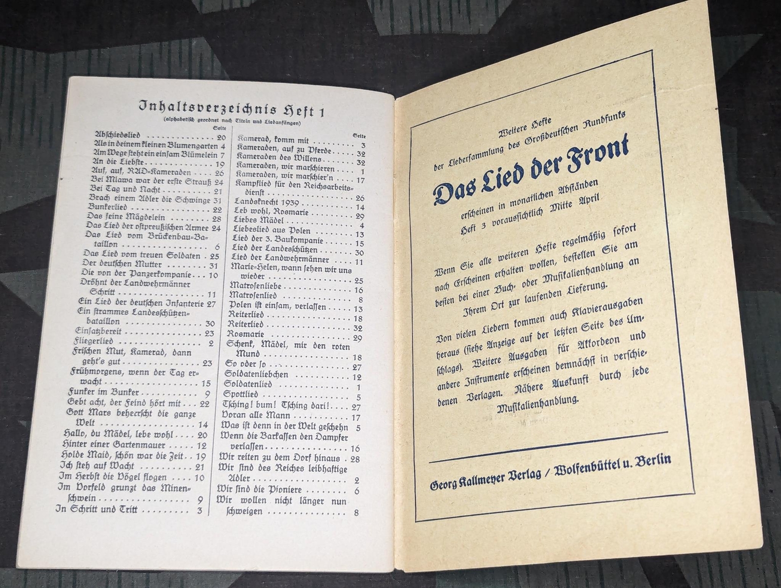 WWII German Army Soldier's Song Book Das Lied Der Front Heft 2 1940 Wehrmacht