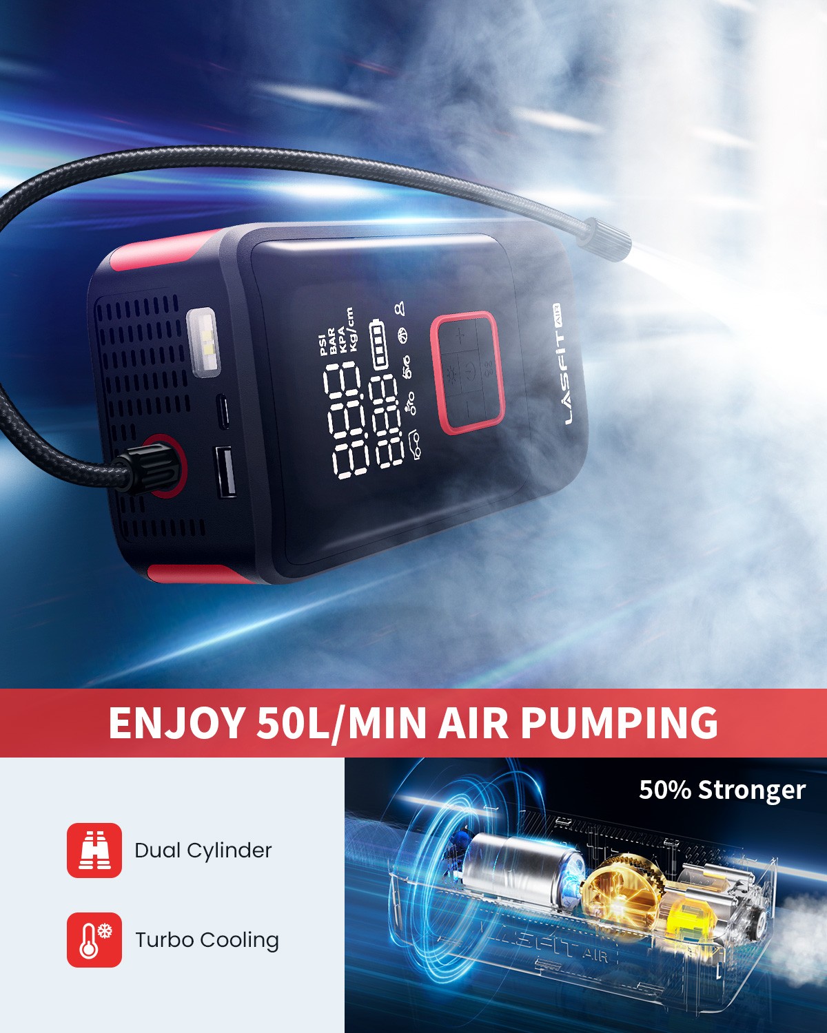 LASFIT Tire Inflator Car Air Compressor Pump Dual Cylinder fit SUV Pickup Truck