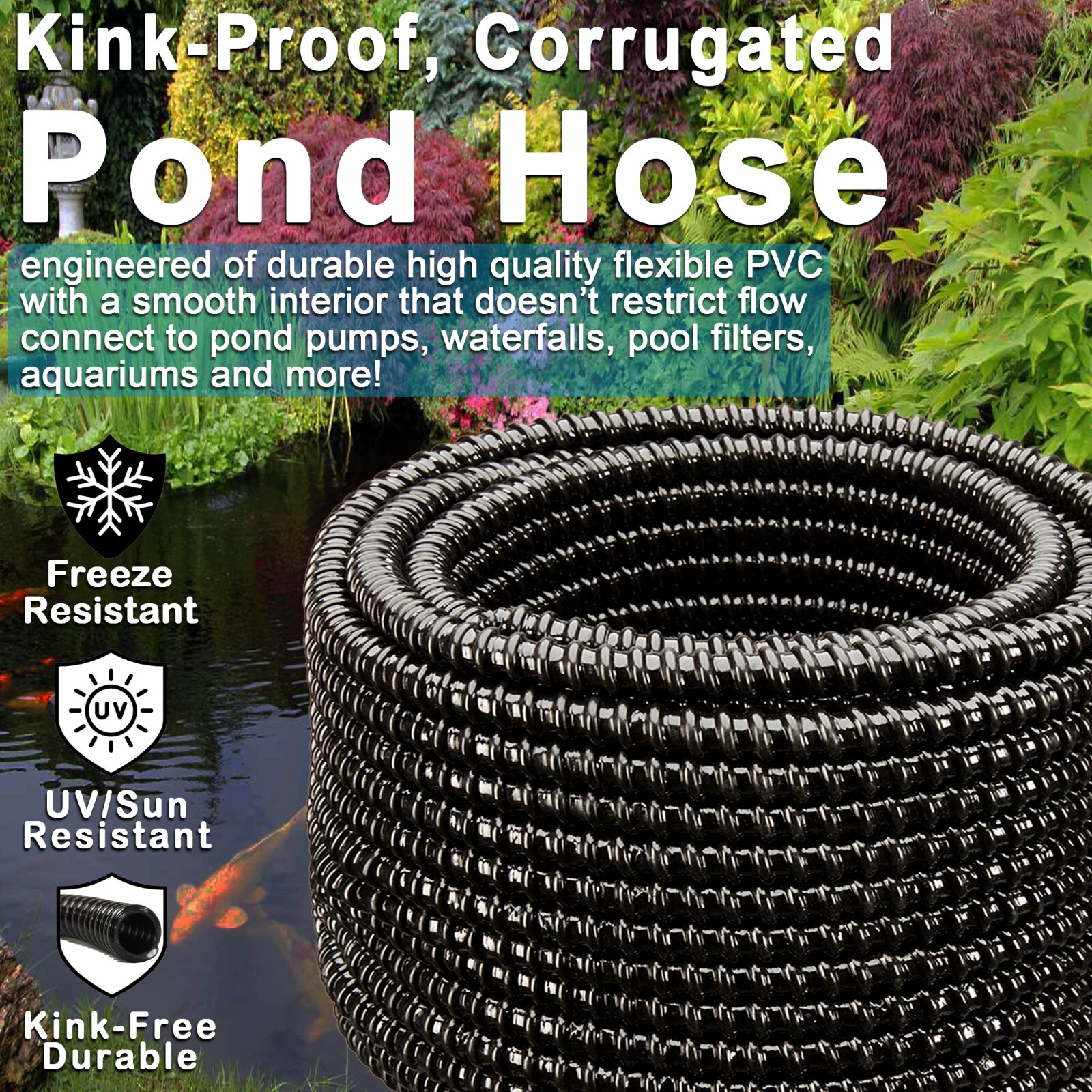2" Non Kink Corrugated Pond Tubing & Hose for Water Garden & Koi Ponds - UL