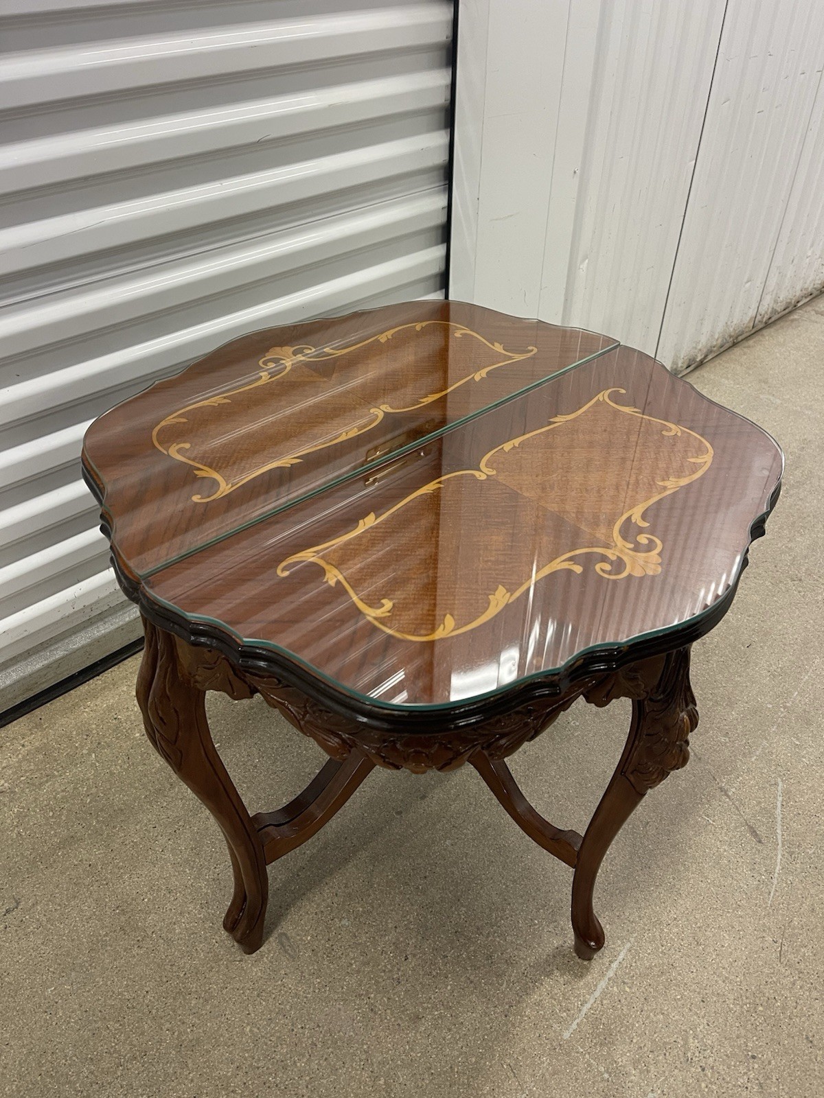 Vintage French Neoclassical Inlaid Marquetry Wood Side Table Ornate Legs Glass