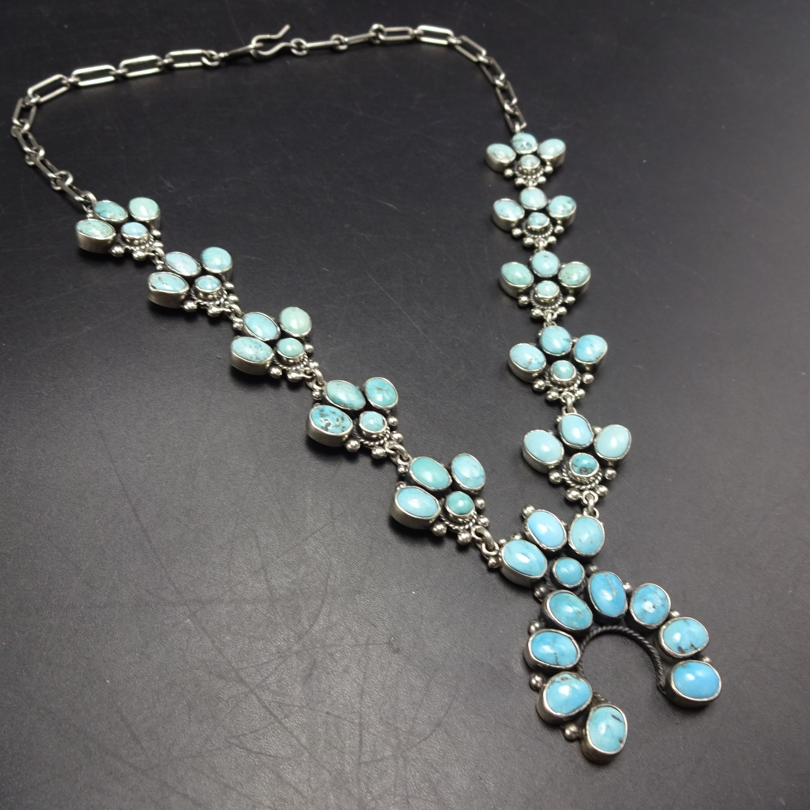 Diminutive FEDERICO JIMENEZ Sterling Silver TURQUOISE CLUSTER Squash Necklace