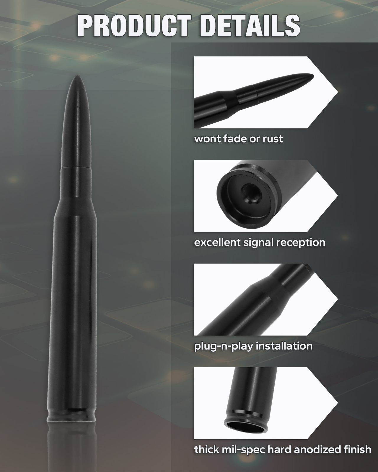 Bullet Antenna 50 Cal Caliber For Truck Dodge Ram 1500 Ford F150 Raptor Bronco