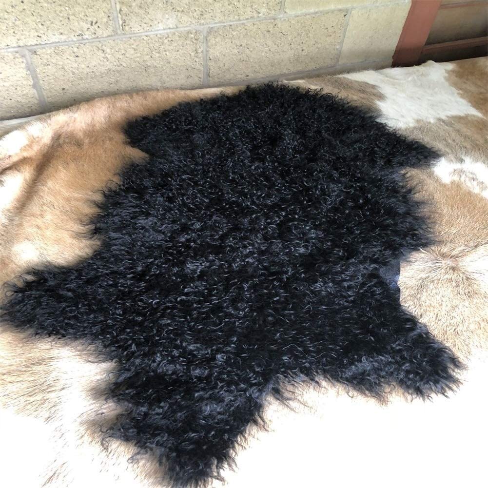BLACK MONGOLIAN TIBETAN SHEEPSKIN RUG THROW LAMBSKIN FUR HIDE PELT CURLY HAIR