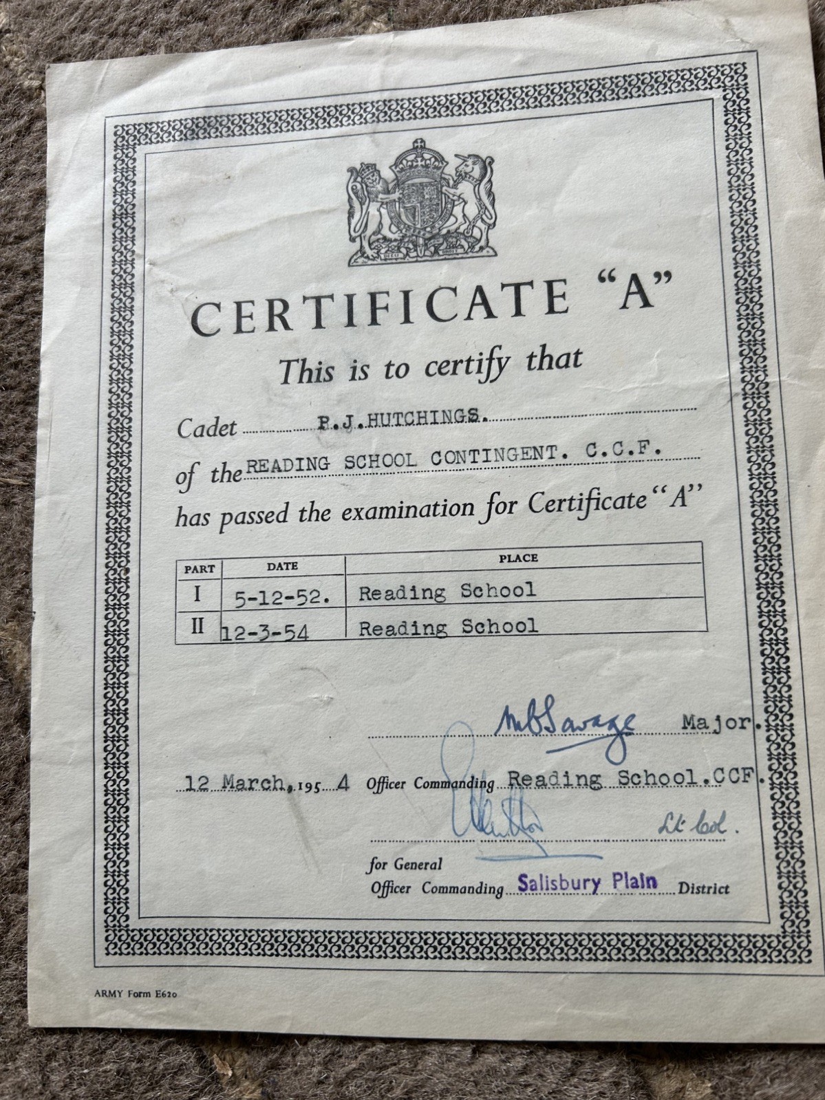 Vintage 1950s READING SCHOOL Cambridge GCE Exam certificates & Army Cadet Cert A