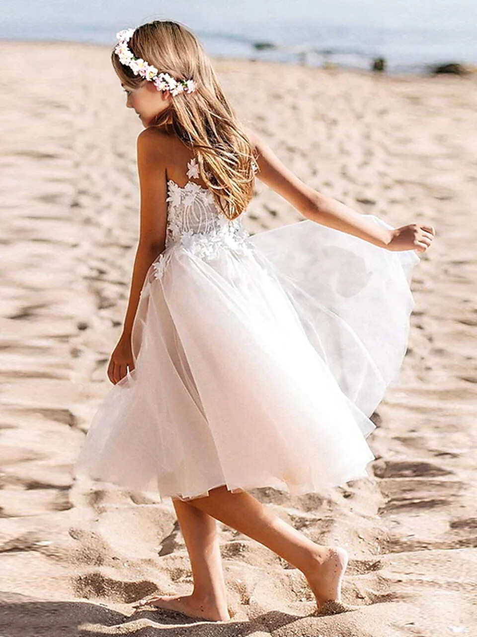 Off Shoulder Scoop Flower Girl Dresses For Wedding Tulle Lace Applique Beach