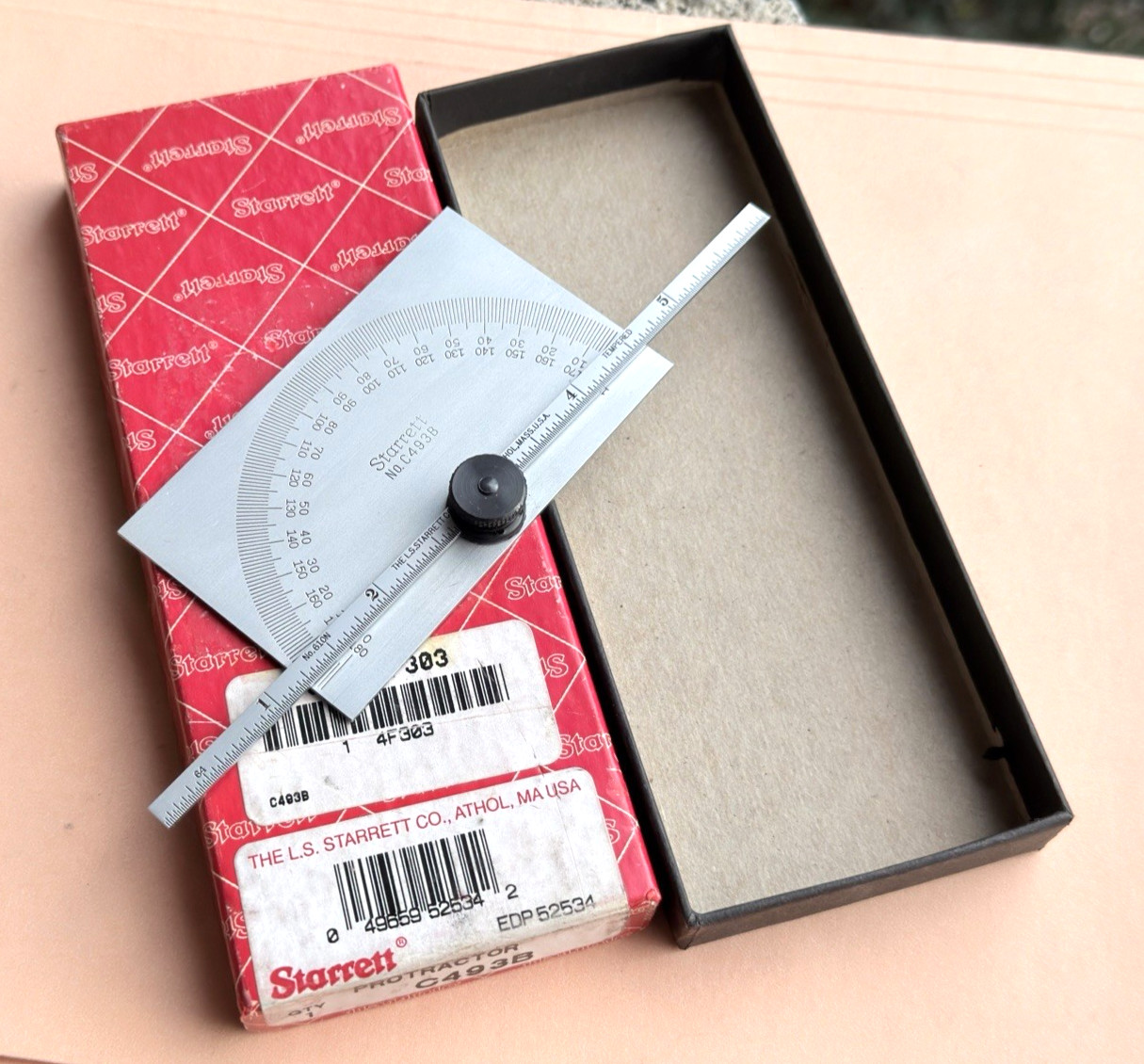 STARRETT No. C493B Satin Chrome Finish Steel Protractor/Depth Gage. USA Made!