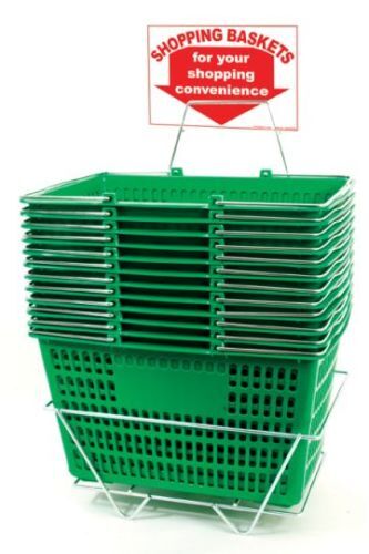 Shopping Basket Set of 12 Plastic with Sign and Stand (Metal Handles)