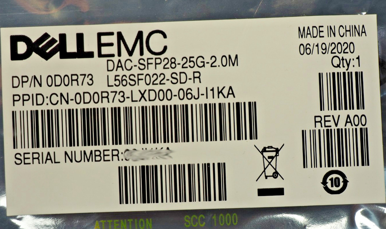 Dell EMC D0R73 DAC-SFP28-25G-2.0M L56SF022-SD-R 25Gb Passive Twinax Direct Cable