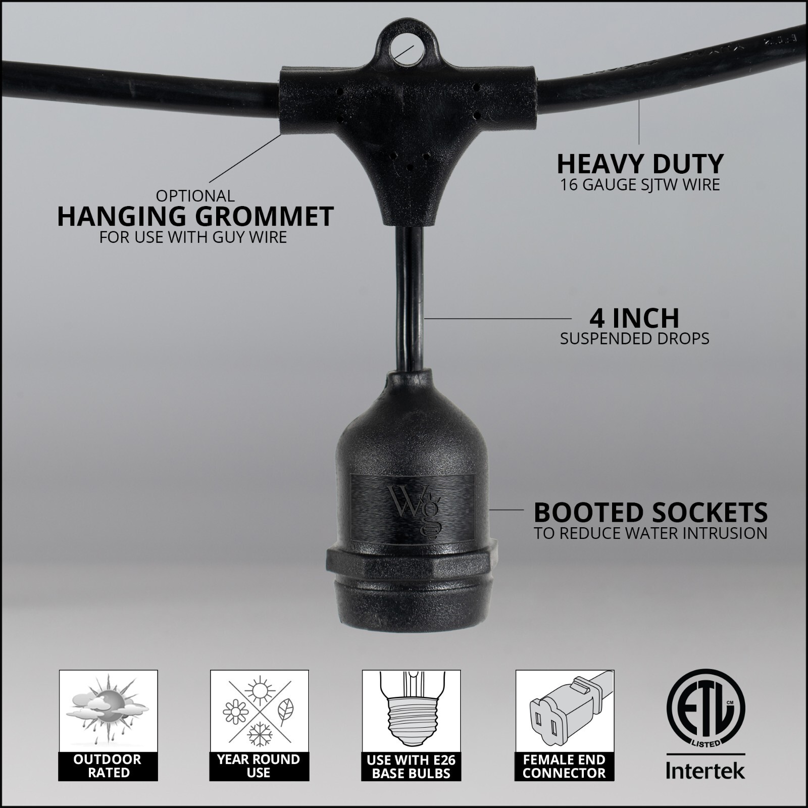 Commercial Grade SJTW E26 Heavy Duty Patio Light Stringer with Suspended Drops