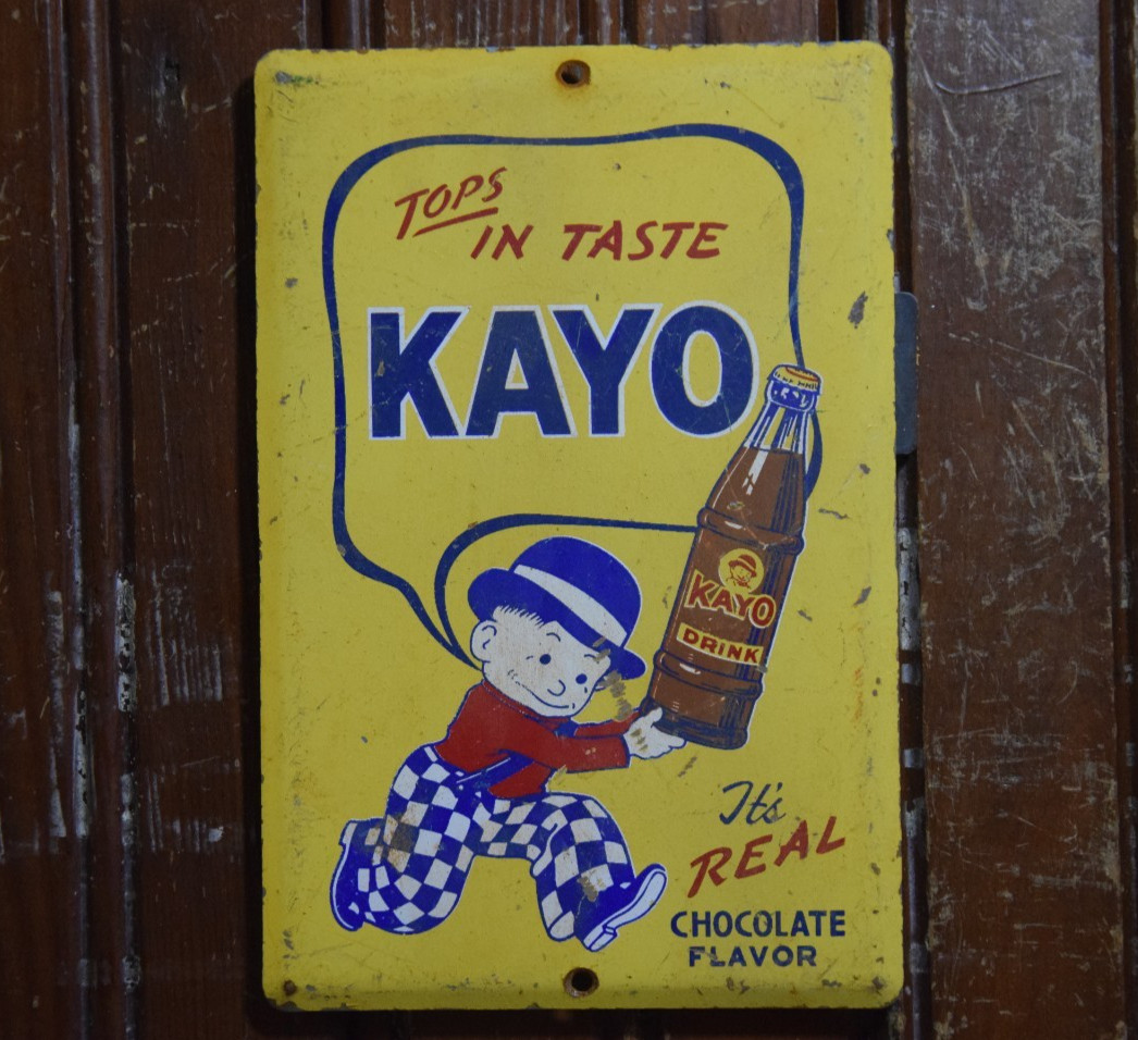 KAYO CHOCOLATE DRINK PAINTED METAL SIGN BOTTLE BOWLER MOON MULLINS CIRCA 1950s
