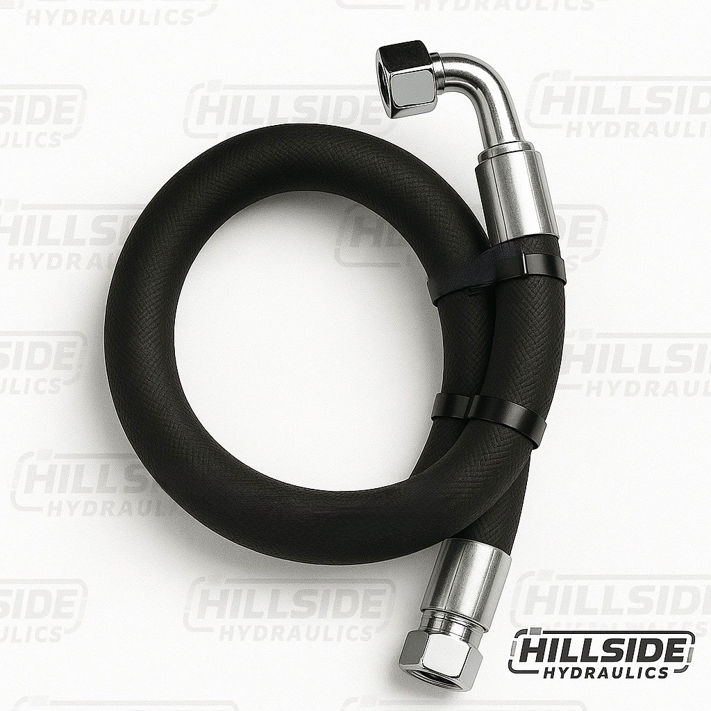 1/4” Hydraulic Hose Assembly with 3/8 FEMALE JIC 37° Ends, #6 JIC (90°/Straight)