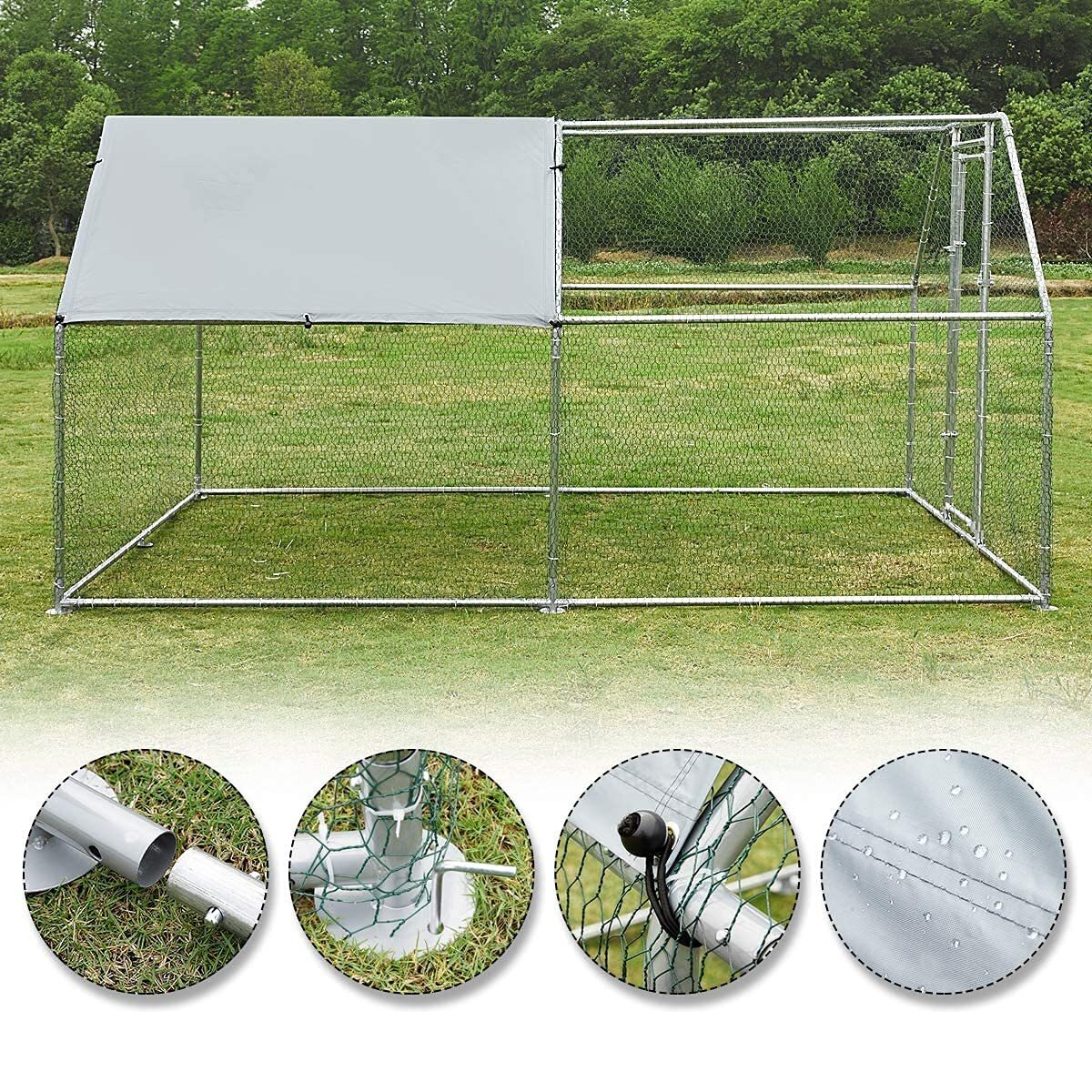 Large Metal Chicken Coop Walk-in Poultry Cage Hen House Flat Roof w/Cover Yard