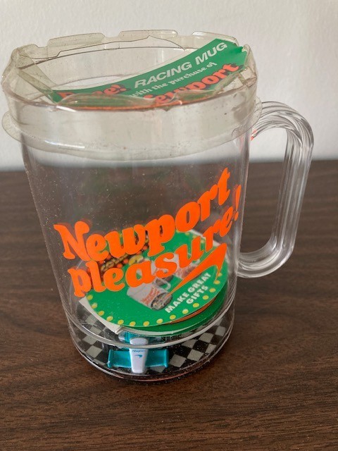Vintage Newport Pleasure Plastic Mug with Indy F1 Race Car Cigarette Advertising