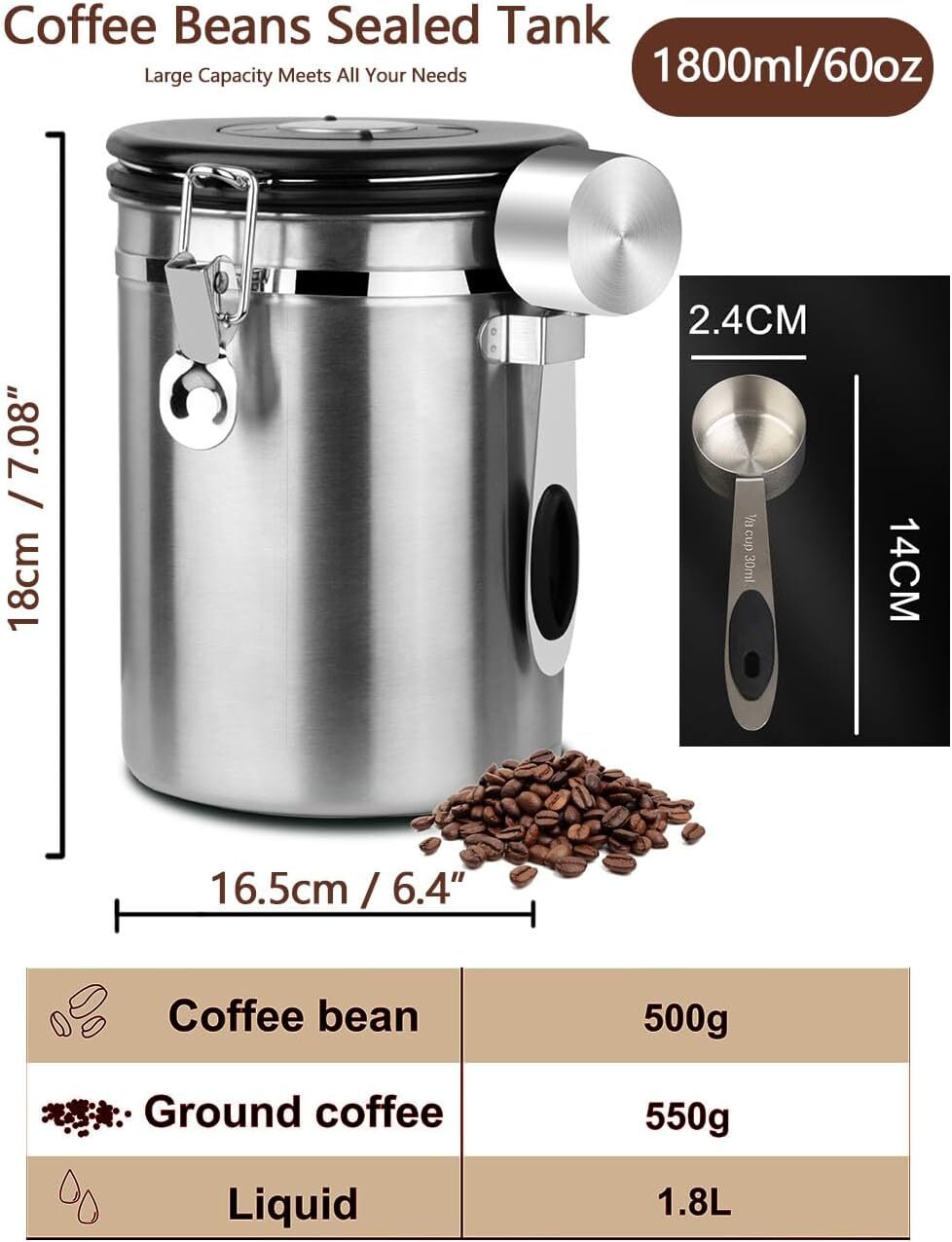 Coffee Canister Airtight Storage Container 62fl Stainless Steel Tight Coffee Jar